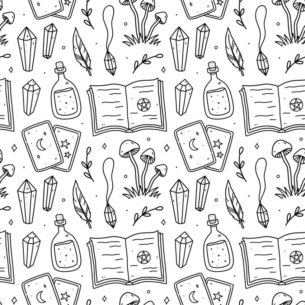 Cute seamless pattern with magic doodles - pendant, gemstones, tarot cards, potion, spellbook. hand-drawn illustration. Perfect for print, wallpaper, decorations. vector