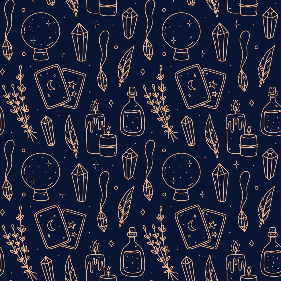 Seamless pattern with gold magic doodles on blue background - crystal ball, pendant, candles, gemstones, tarot cards, potion. hand-drawn illustration. Perfect for print, wallpaper, decorations. vector