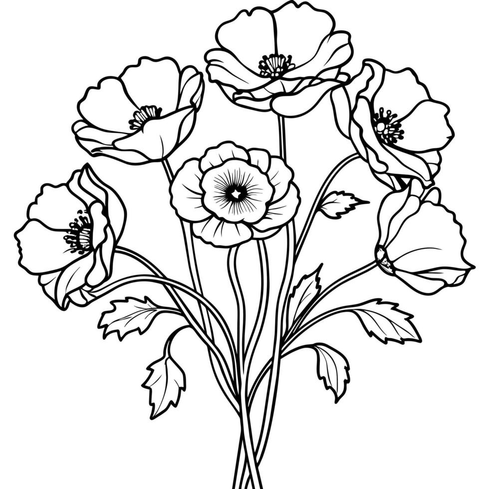 Poppy Flower outline illustration coloring book page design, Poppy Flower black and white line art drawing coloring book pages for children and adults vector