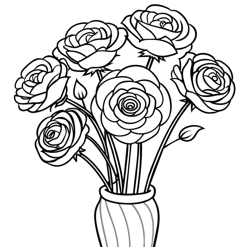 Ranunculus flower outline illustration coloring book page design, Ranunculus flower black and white line art drawing coloring book pages for children and adults vector