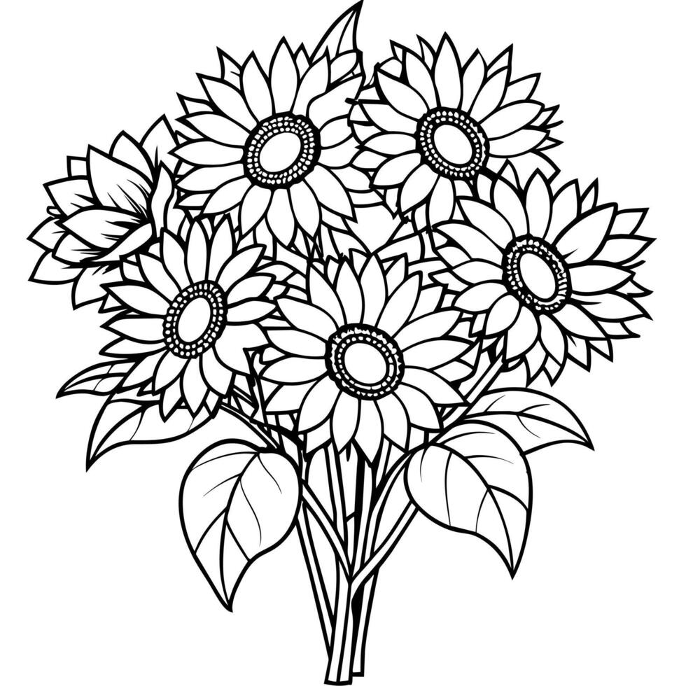 Sunflower flower outline illustration coloring book page design, Sunflower flower black and white line art drawing coloring book pages for children and adults vector