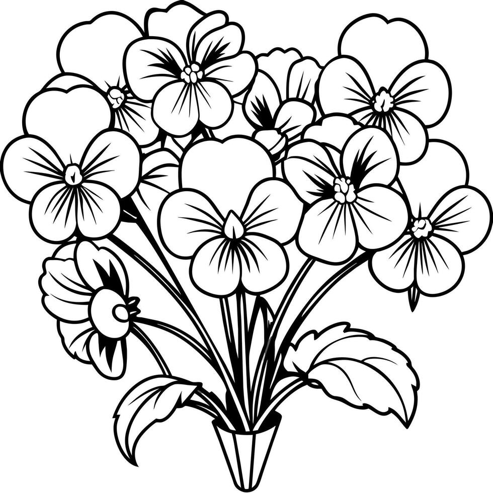 Pansy flower outline illustration coloring book page design, Pansy flower Bouquet black and white line art drawing coloring book pages for children and adults vector