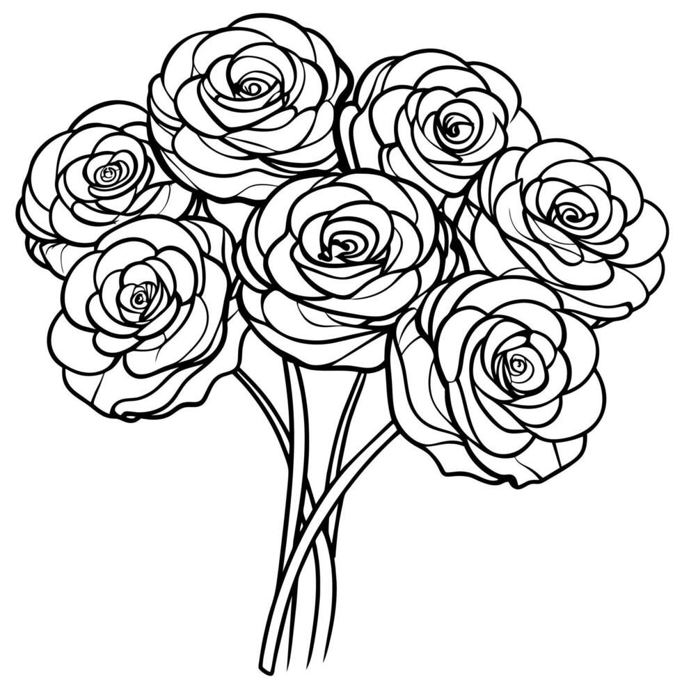 ranúnculo flor contorno ilustración colorante libro página diseño, ranúnculo flor negro y blanco línea Arte dibujo colorante libro paginas para niños y adultos vector