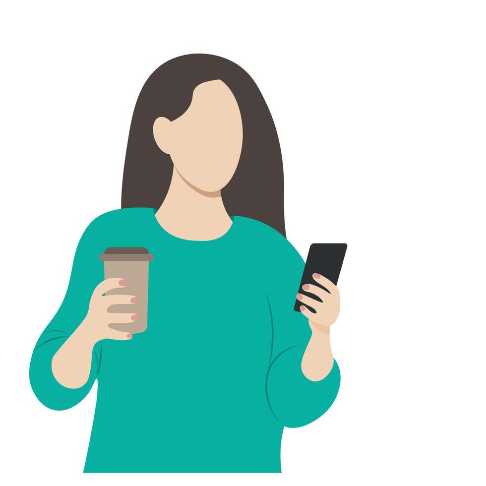 retrato de un niña con un papel taza de café en uno mano y un teléfono en el otro, aislar en blanco, sin rostro ilustración, plano estilo, minimalismo vector