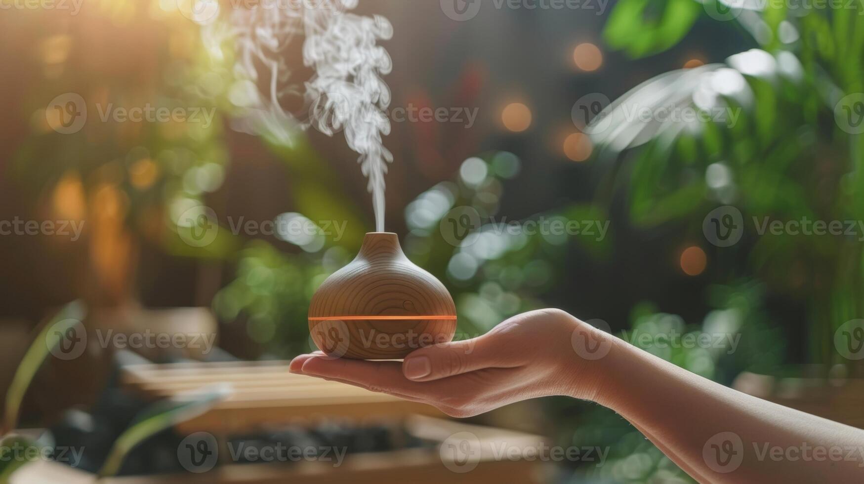 A hand holding a diffuser with eucalyptus essential oil which can be added to the sauna to enhance its respiratory benefits and leave a pleasant refreshing scent. photo