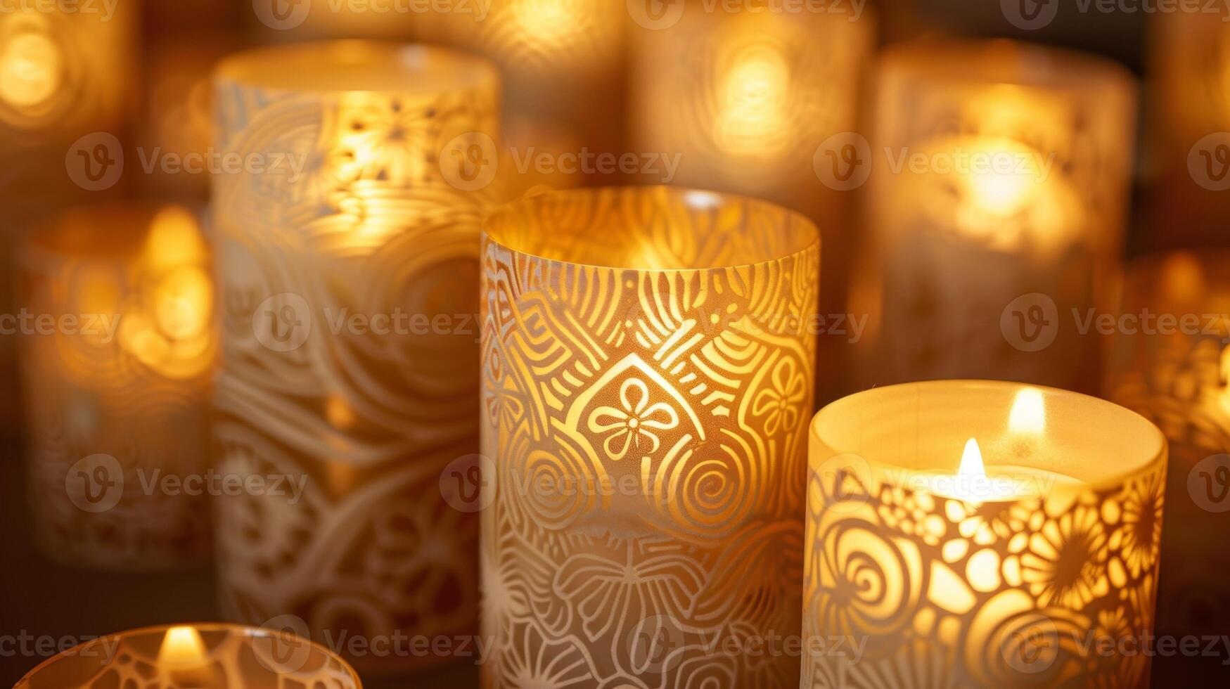 The intricate patterns etched into these candles add a touch of intricacy to the overall display drawing the eye in for a closer look. 2d flat cartoon photo