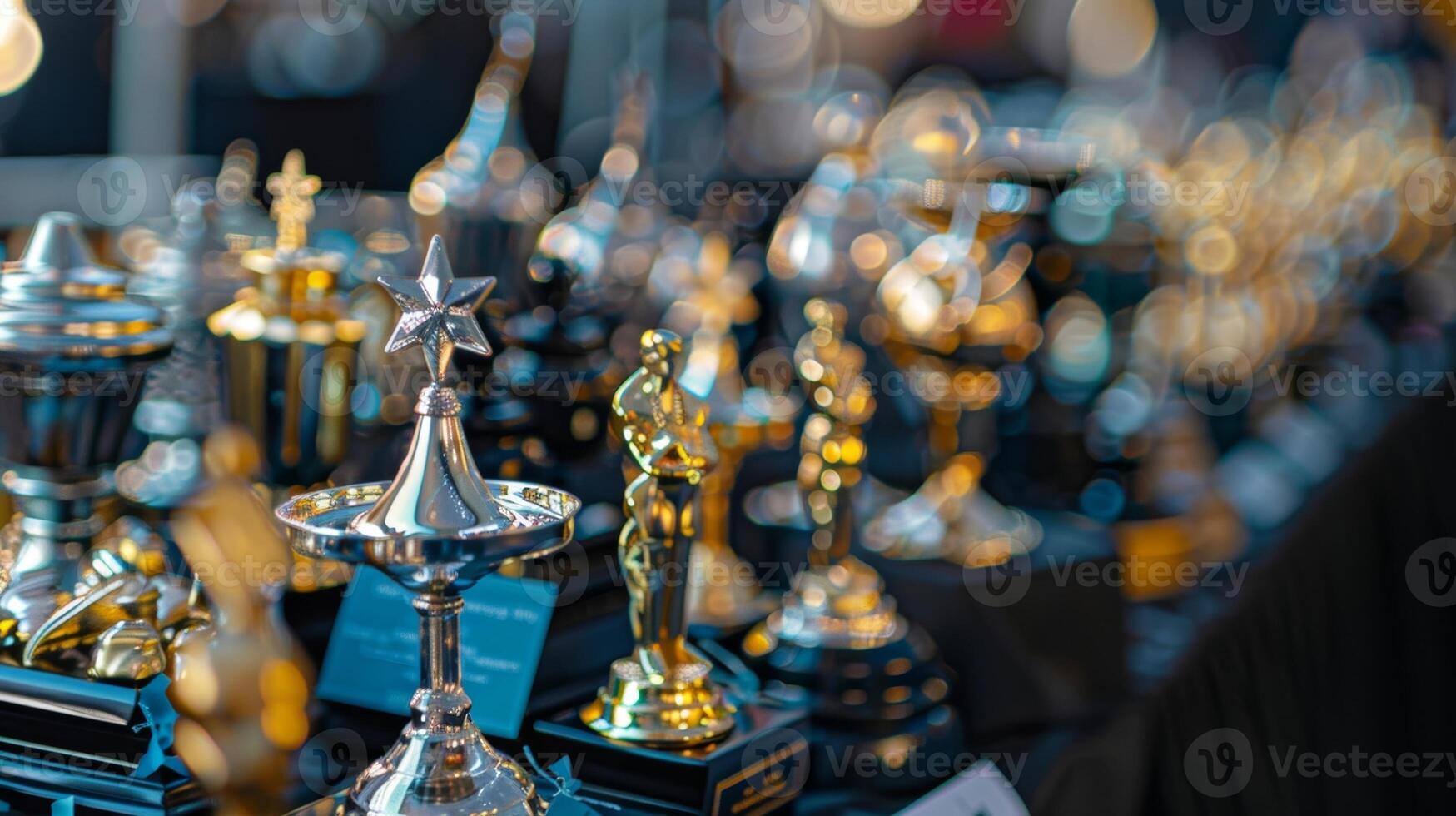 A table covered in various awards and prizes to be given out at the event photo