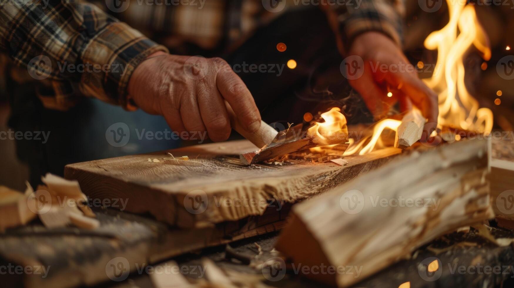 The gentle crackling of the fire creates a soothing background noise as participants focus on their woodworking projects. 2d flat cartoon photo