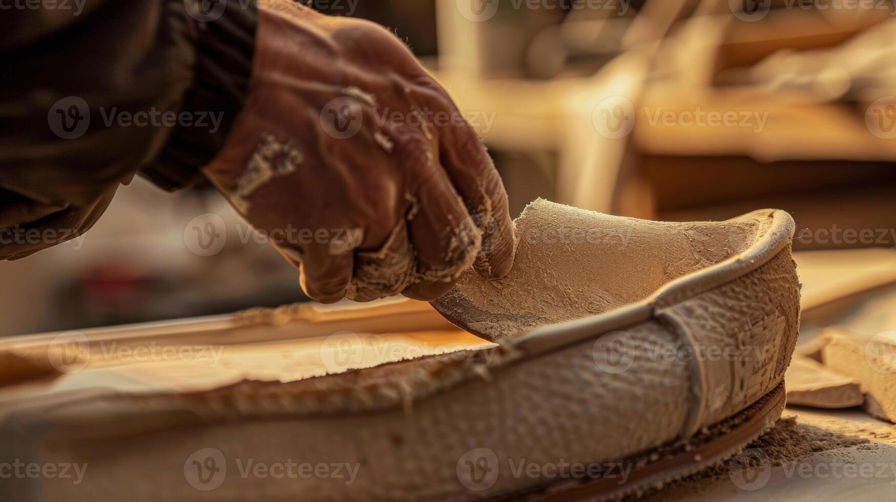 Soft suede being carefully and shaped to create the lining inside a handmade shoe photo