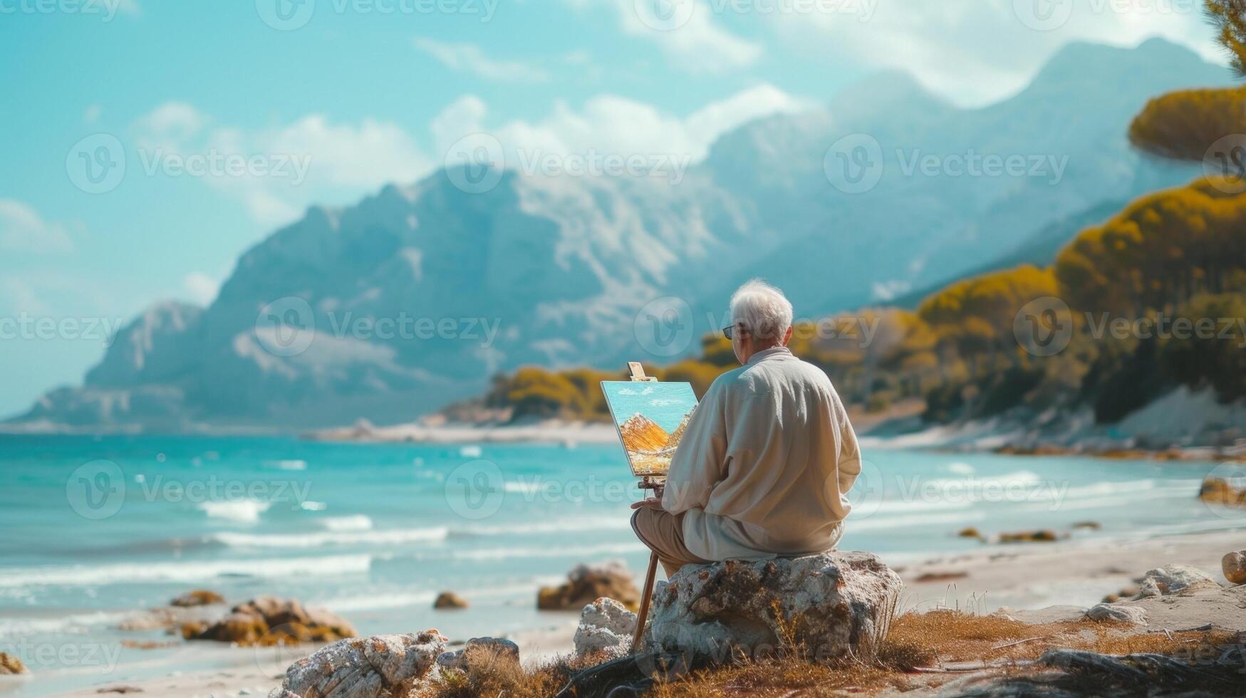 A tranquil image of a retiree sitting on a smooth beach rock eagerly painting the majestic rolling mountains that frame the distant shore photo