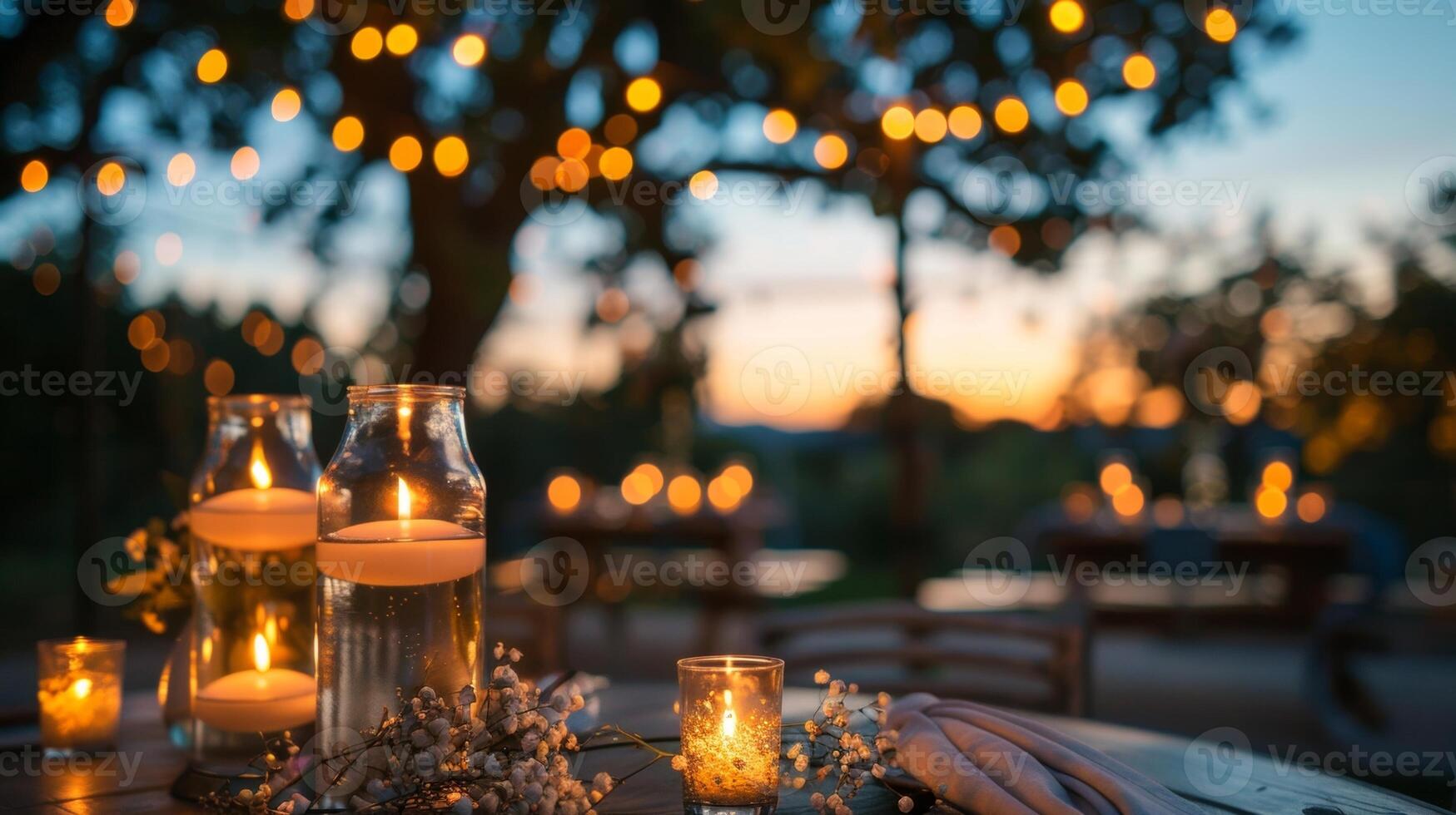 As the evening progresses the sky darkens and the candles become the main source of light creating a romantic and intimate setting. 2d flat cartoon photo