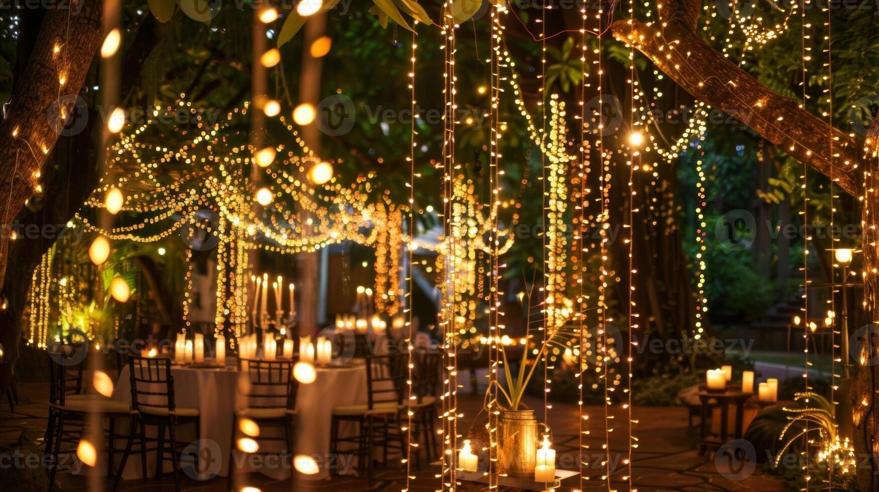 Strings of fairy lights d from the ceiling giving off a soft glow that adds an enchanting touch to the candlelit area. 2d flat cartoon photo