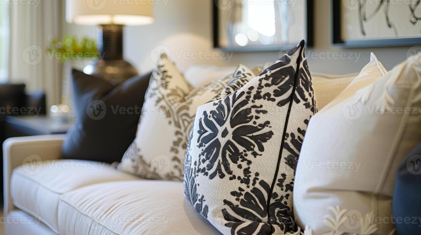 An interior designer adds the final details to a room strategically placing throw pillows and artwork to tie the space together photo