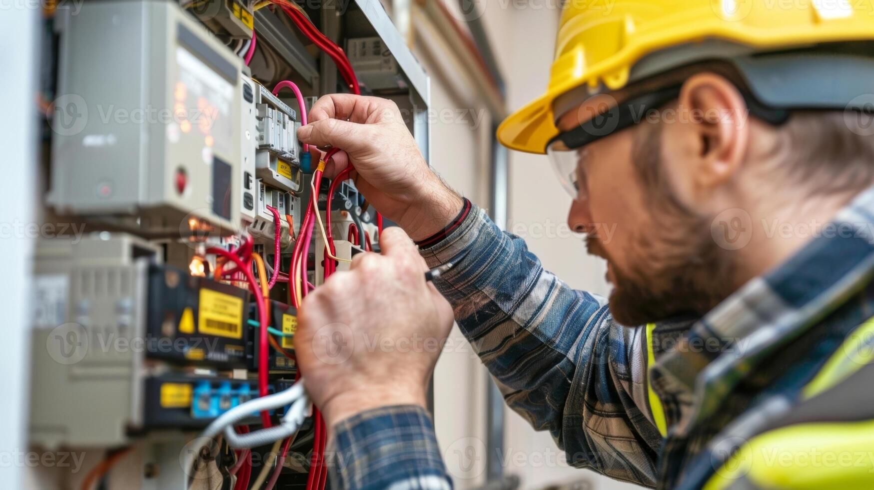 A closeup of a worker checking the voltage and ensuring proper functioning of the newly installed panels photo