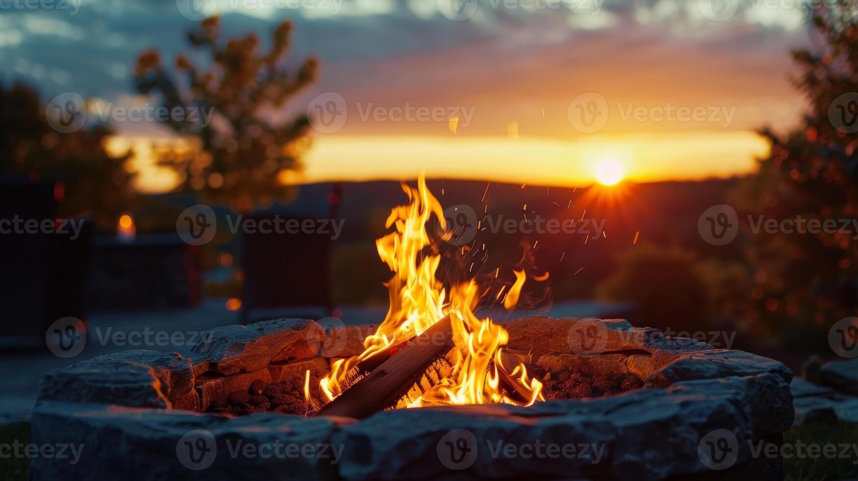 As the sun begins to set the fire pit becomes the focal point of the evening providing both warmth and a mesmerizing display. 2d flat cartoon photo