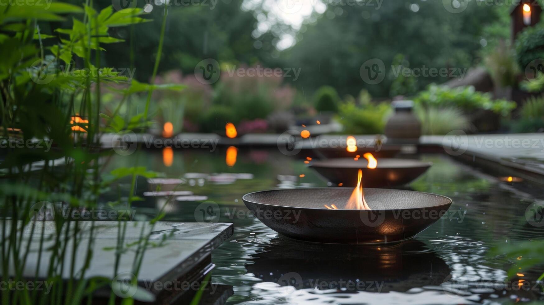 A zenlike garden with a tranquil pond and floating fire bowls adding warmth and ambiance to the space. 2d flat cartoon photo