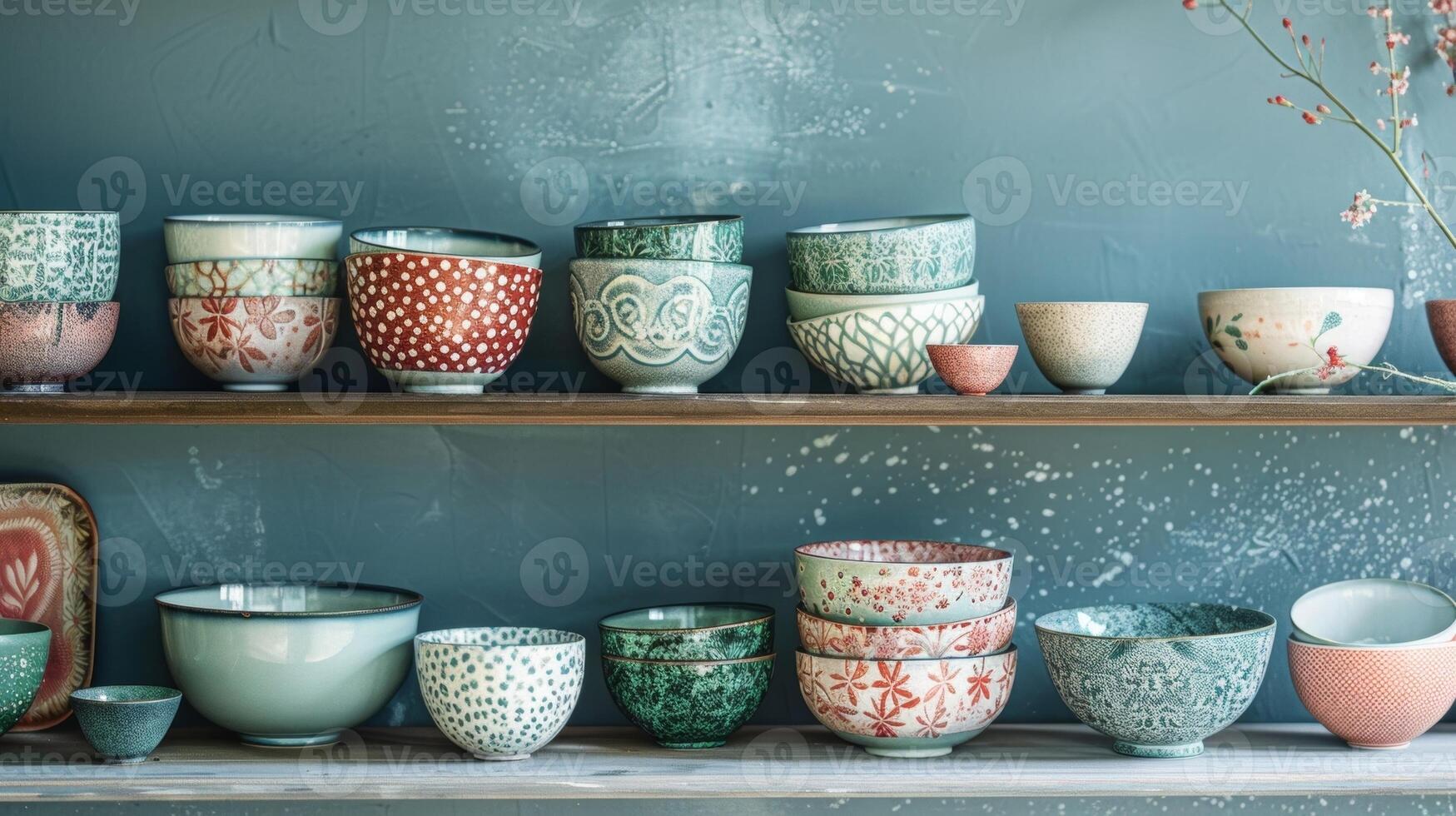 An assortment of ceramic bowls displayed on a shelf each with a unique and intricate handpainted finish inspired by nature. photo