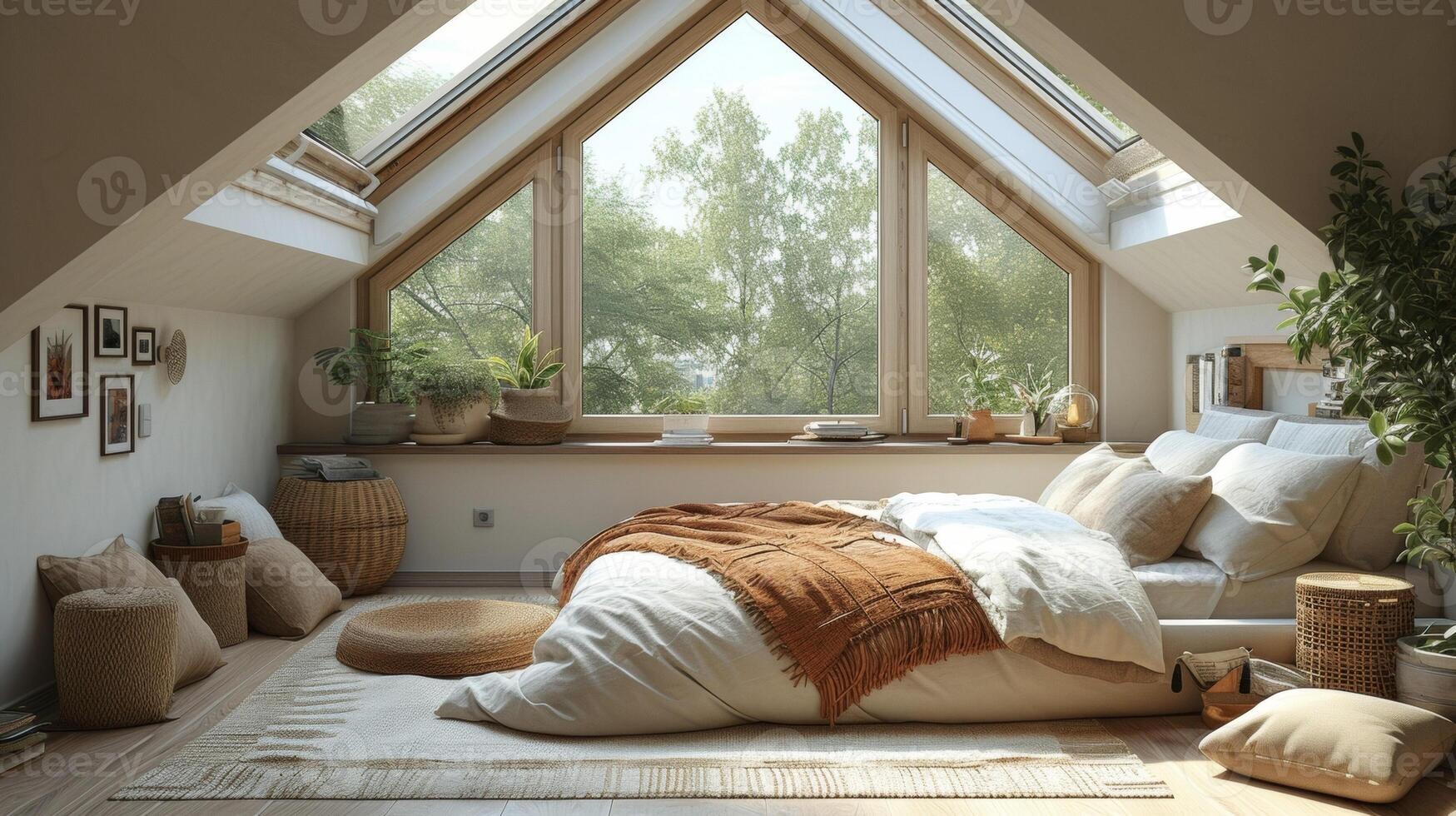 A cozy bedroom with a retractable skylight above the bed creating a serene and dreamy atmosphere for rest and relaxation photo