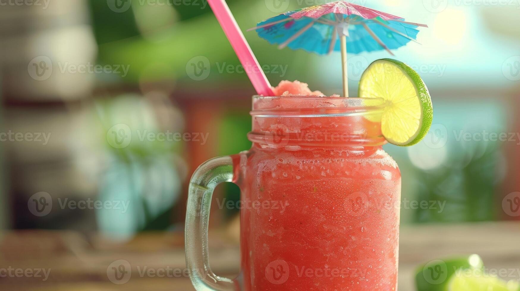 A refreshing watermelon slushy in a mason jar garnished with a slice of lime and a mini umbrella photo