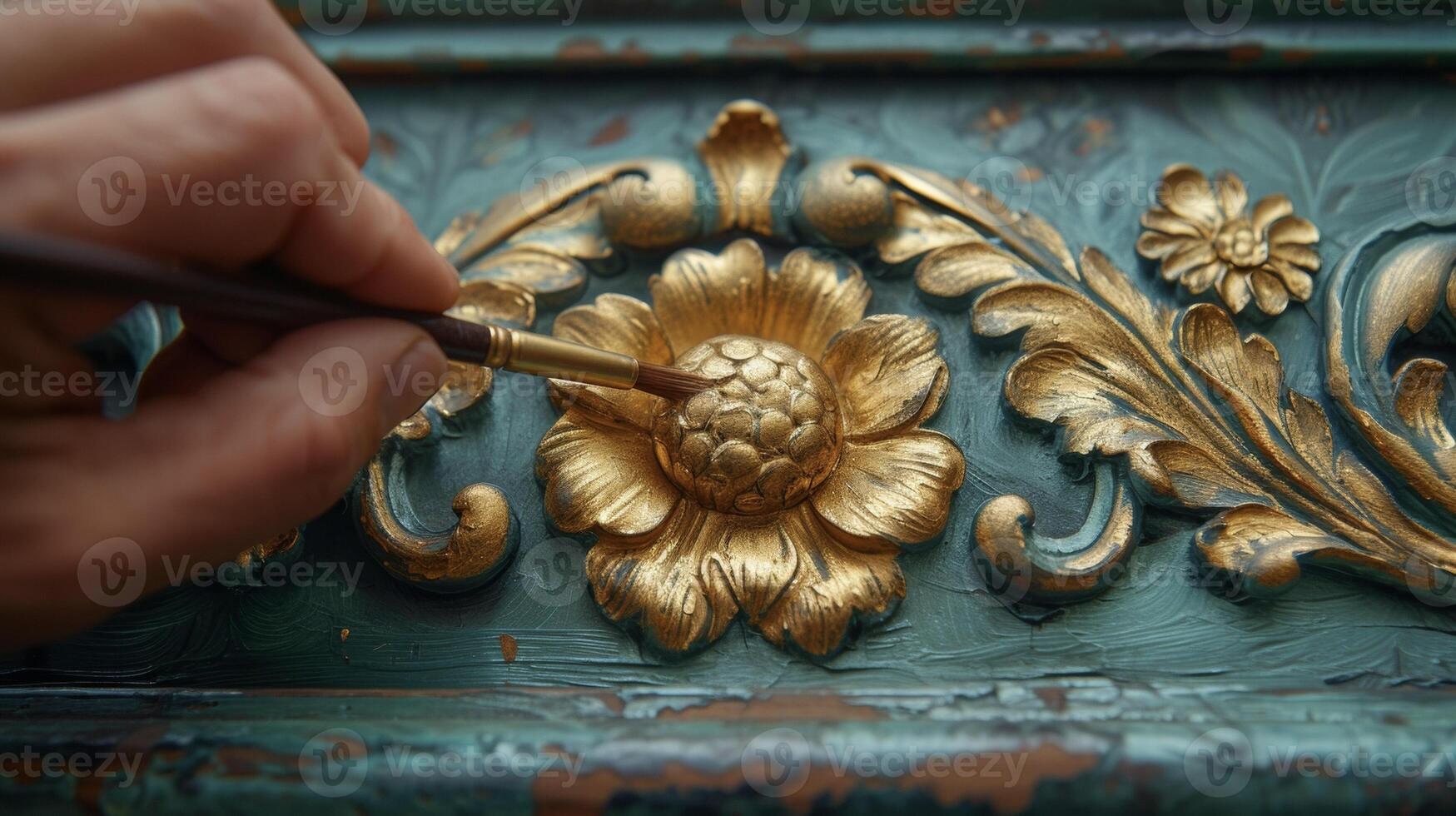 A hand painting delicate gold accents onto a refurbished antique door adding the perfect touch of elegance and sophistication photo