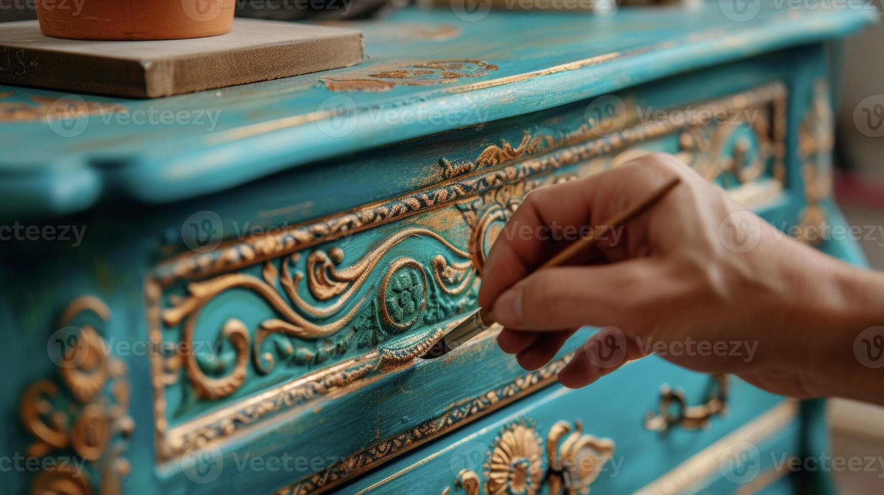 In progress shot of a dresser being handpainted in a vibrant teal color with intricate designs being carefully added by an artists brush photo