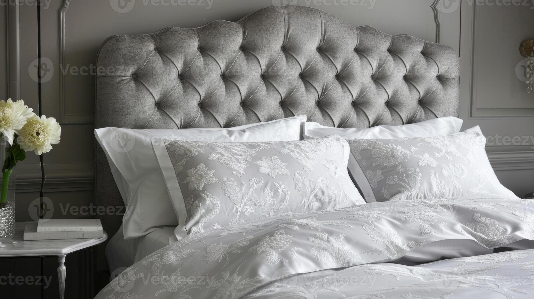 Intricately patterned Egyptian cotton sheets in a soft shade of dove grey are smoothed to perfection on a massive kingsized bed with a tufted headboard photo