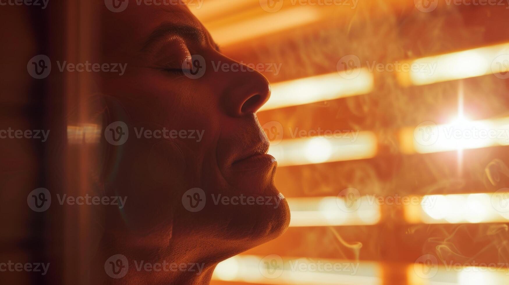 A man meditates in a sauna customized with calming scents and soft music allowing him to relax and find inner peace. photo
