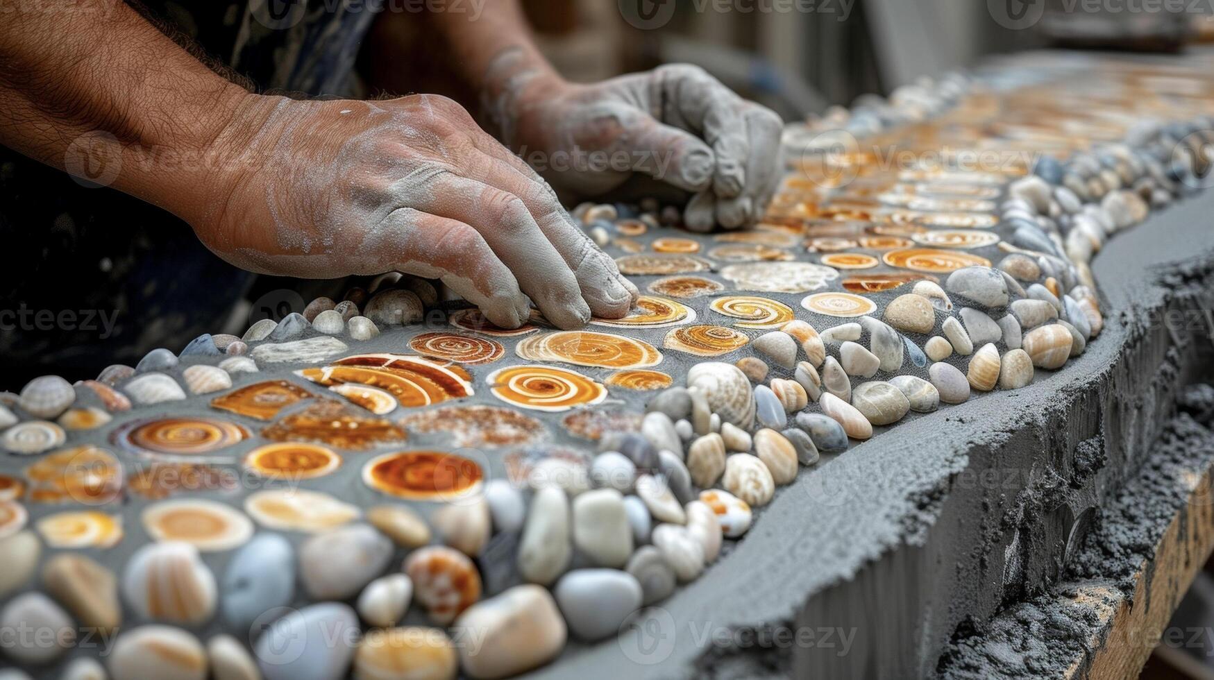 Get a glimpse of the intricate process of embedding decorative details such as stones or shells into a freshly poured concrete countertop photo