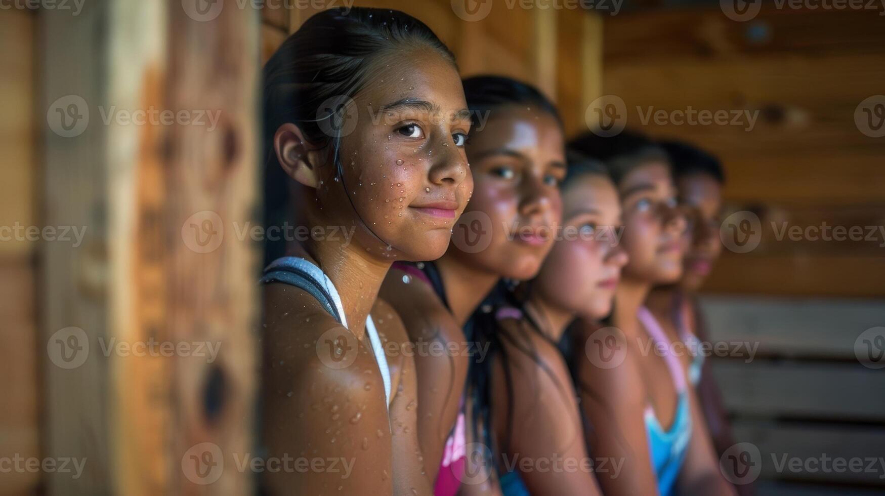 un equipo de joven sofbol jugadores enfriamiento abajo en un sauna después un caliente verano torneo. foto