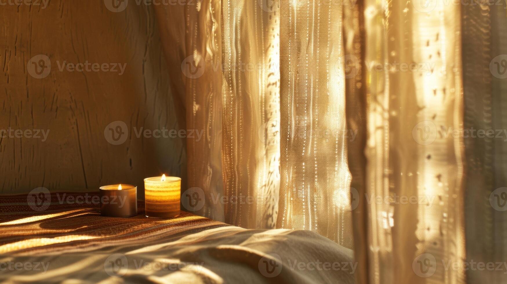 Sunlight filters through the curtains highlighting the peaceful atmosphere of the candlelit reading nook. 2d flat cartoon photo