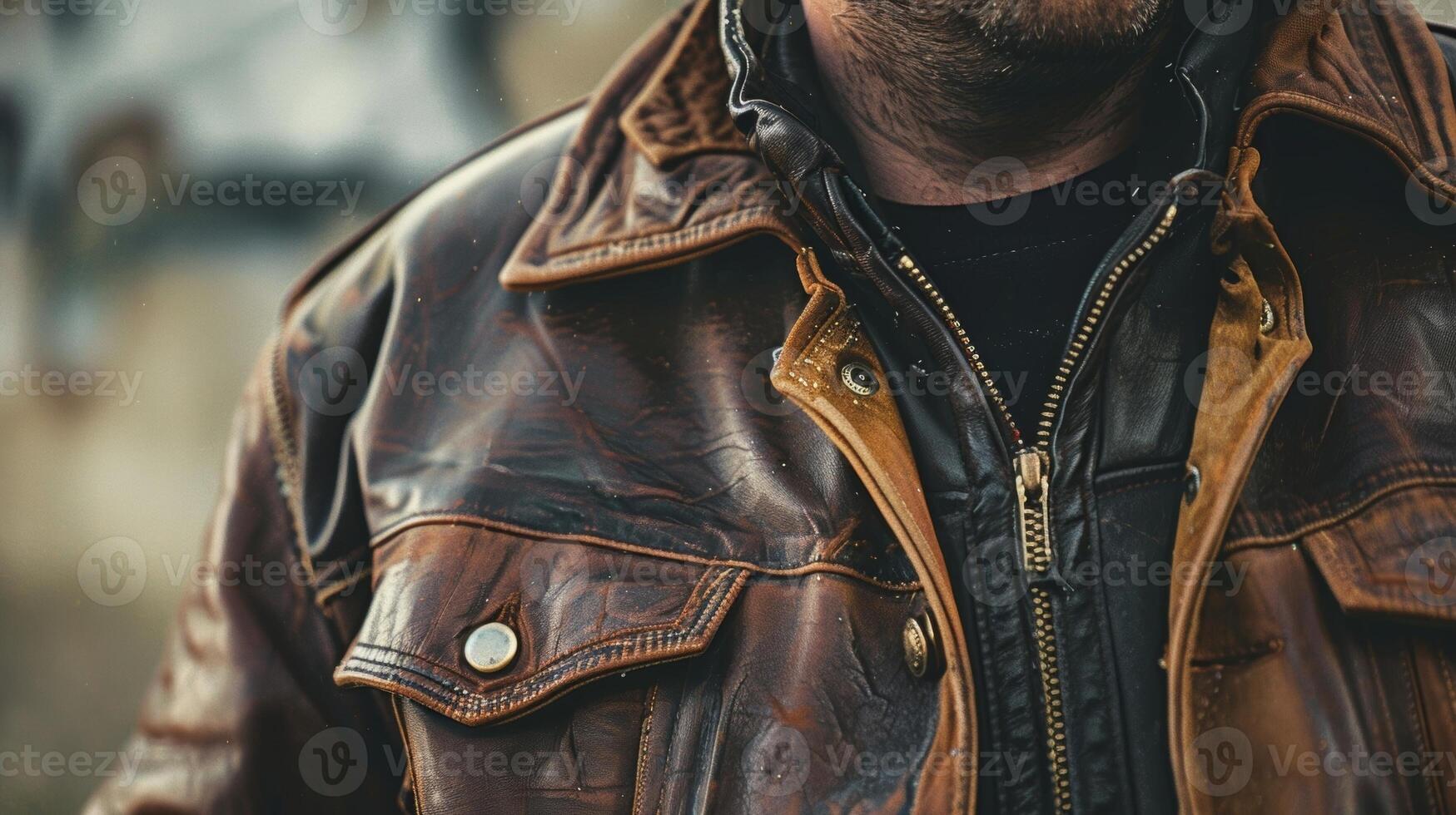 A man sporting a vintage leather jacket portraying a sense of nostalgia and individualism photo