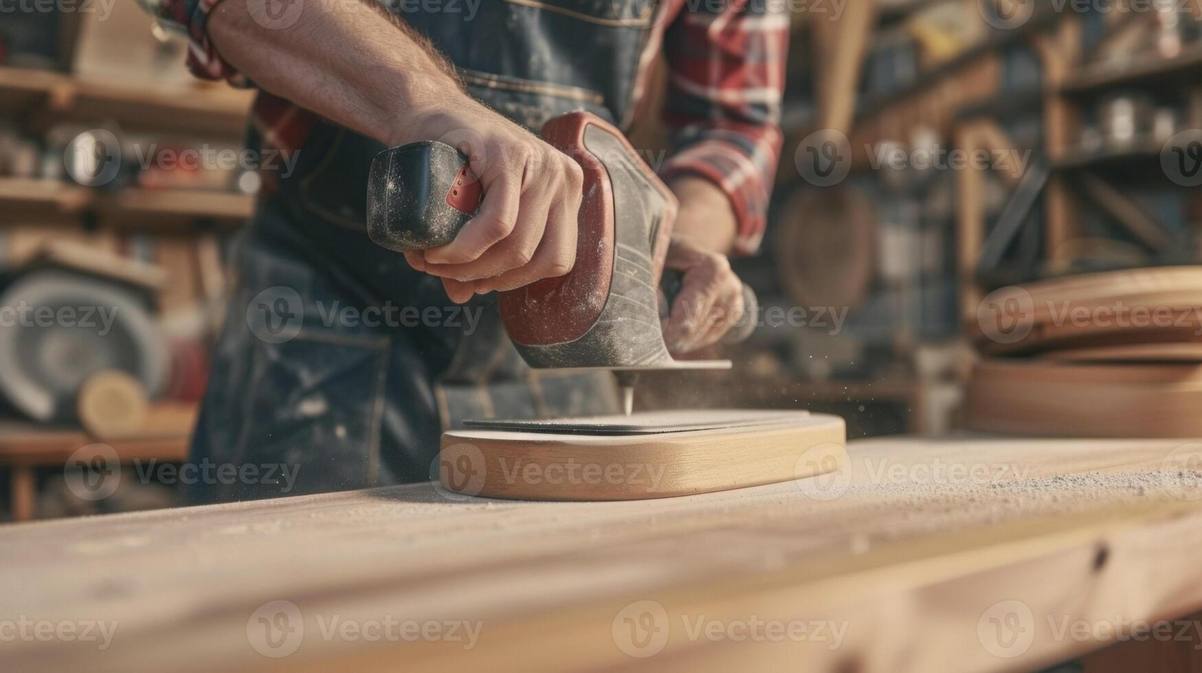 Closeup of a skilled DIYer carefully sanding down a custombuilt floating shelf exemplifying the dedication to smooth and seamless finishing in home projects photo