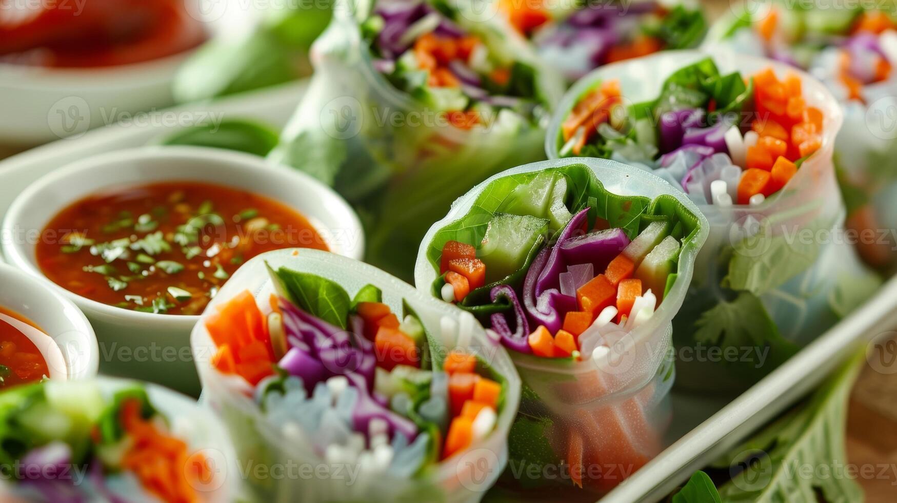 A colorful platter of veggie spring rolls filled with fresh vegetables and served with a tangy tropical dipping sauce photo