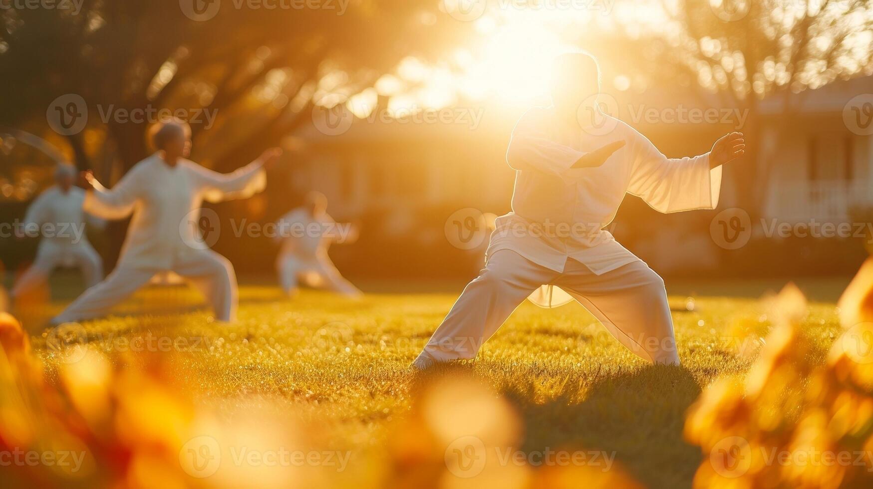 A tranquil image of seniors performing Tai Chi on a beautifully manicured lawn with the sun setting behind them radiating feelings of peace and contentment photo