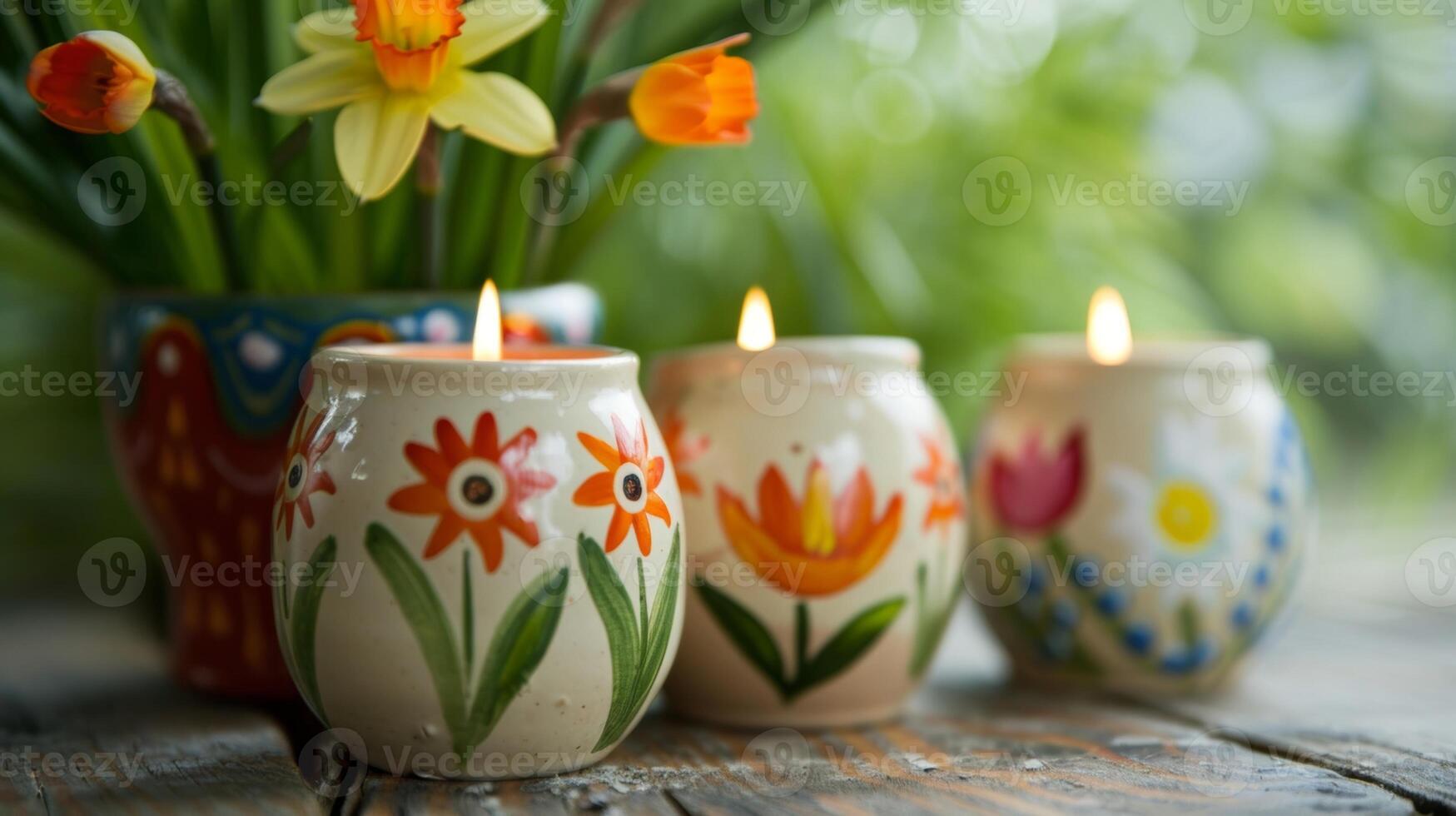 A set of handpainted tea light holders each featuring a different spring flower daisies tulips and daffodils a cheerful way to bring the season indoors. photo