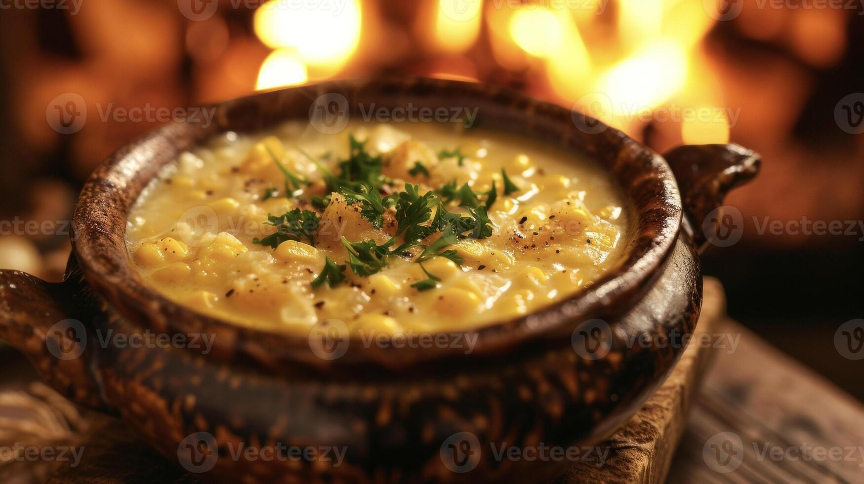 Indulge in the ultimate fireside treat a hearty bowl of corn chowder filled with sweet corn and served piping hot next to a glowing fire photo