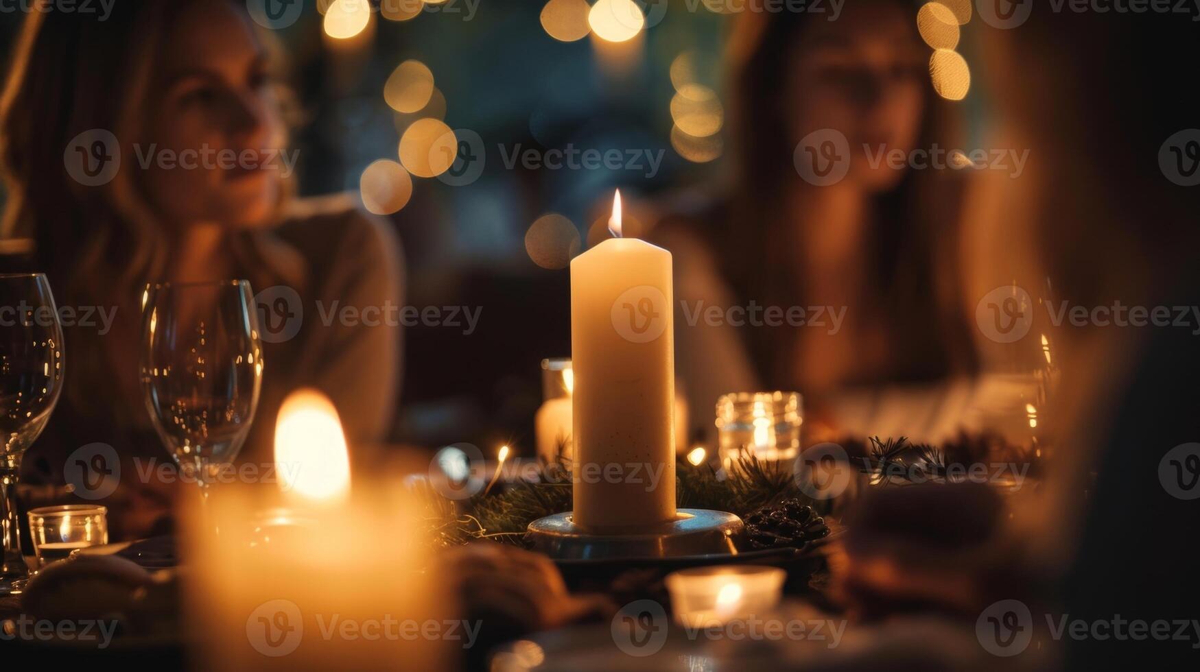 The flickering light of the candles reflects in the eyes of those gathered around the fire creating a romantic and intimate mood. 2d flat cartoon photo