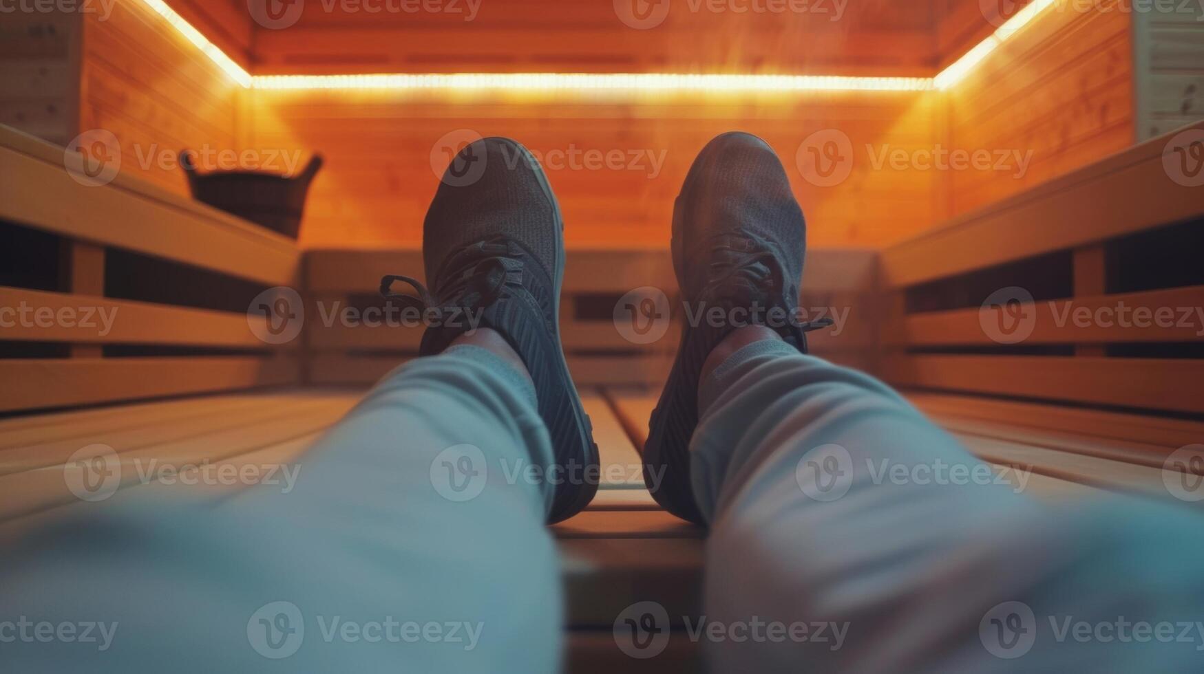 A person sitting with their legs stretched out in front of them arms resting on the bench as the calming heat of the sauna helps them enter a state of deep meditation. photo