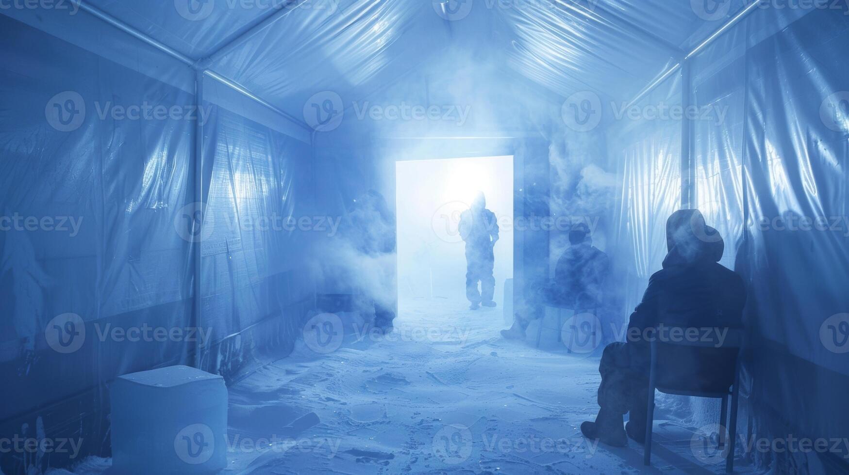 A team of scientists working in the Arctic take a break from their research to unwind and warm up in a sauna tent their breaths visible in the belowfreezing temperatures. photo