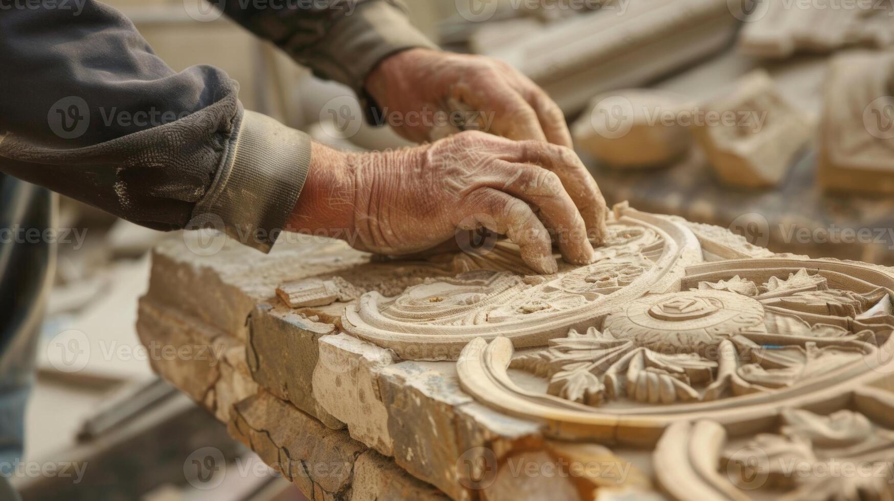 A craftsman delicately repairs intricate stonework using traditional techniques to match the original structure photo