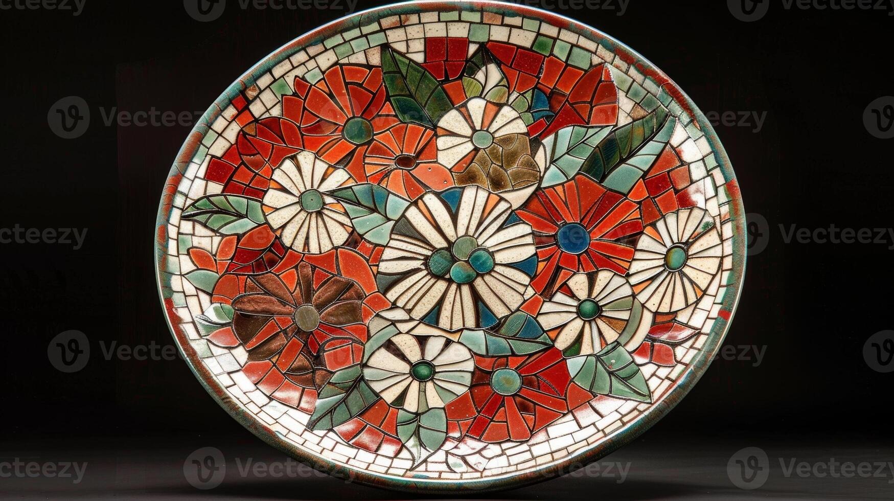 A ceramic plate adorned with a stunning mosaic design crafted using the inlay technique where different clay colors were used. photo