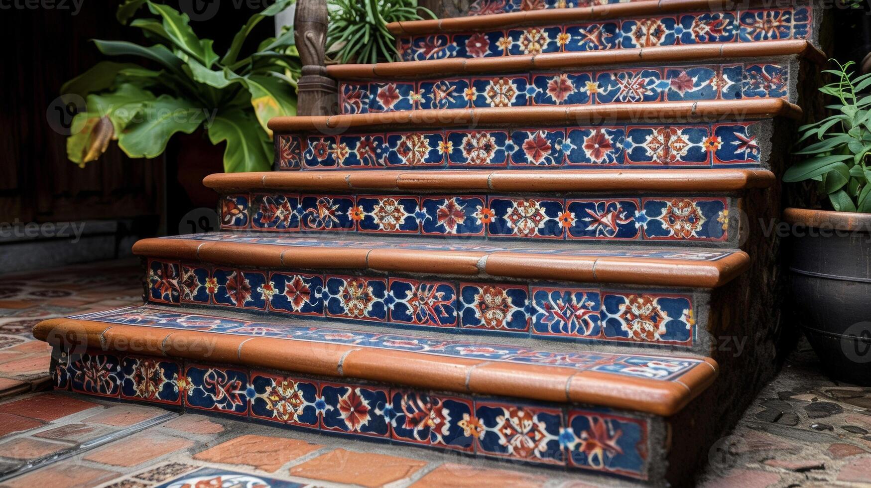 A zoomin on the intricate mosaic tile design used on the risers of each step adding a pop of color and personality to this staircase photo