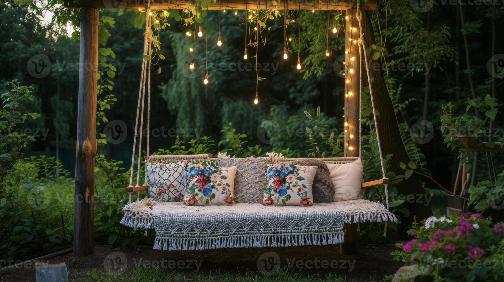 A cozy outdoor seating area with a handmade macrame swing floral cushions and string lights perfect for enjoying a cup of tea and taking in the natural surroundings photo