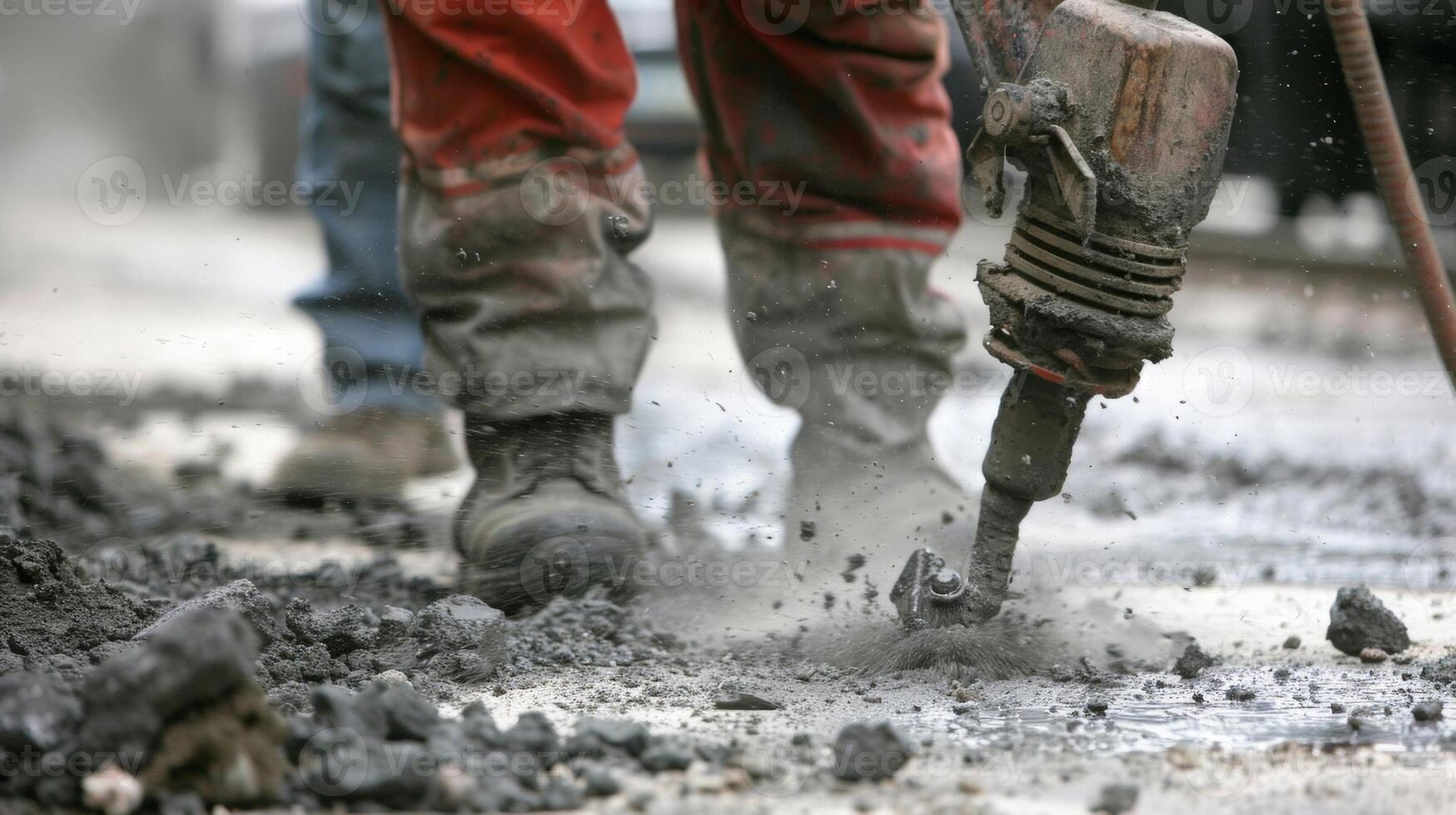 In a closeup shot a worker can be seen using a jackhammer to break apart a stubborn chunk of concrete photo