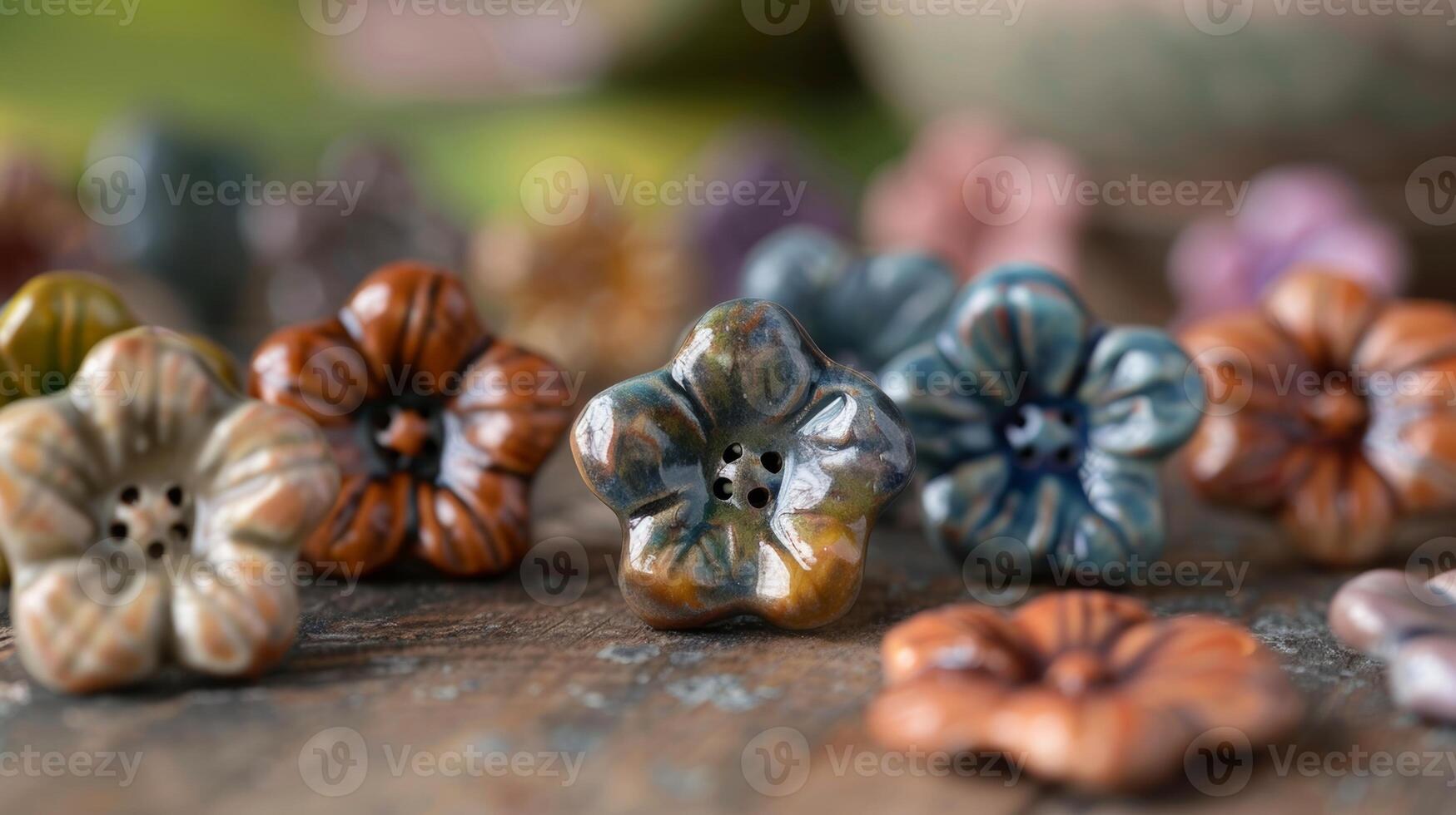 A finished product a ceramic button in the shape of a flower perfect for embellishing a homemade top or blouse. photo