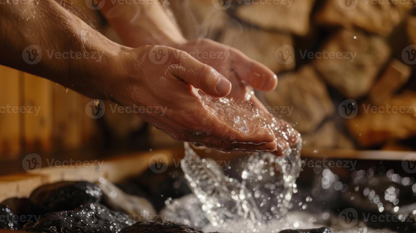 A man politely asking his sauna mate if its okay to splash water on the hot rocks as per sauna etiquette. photo