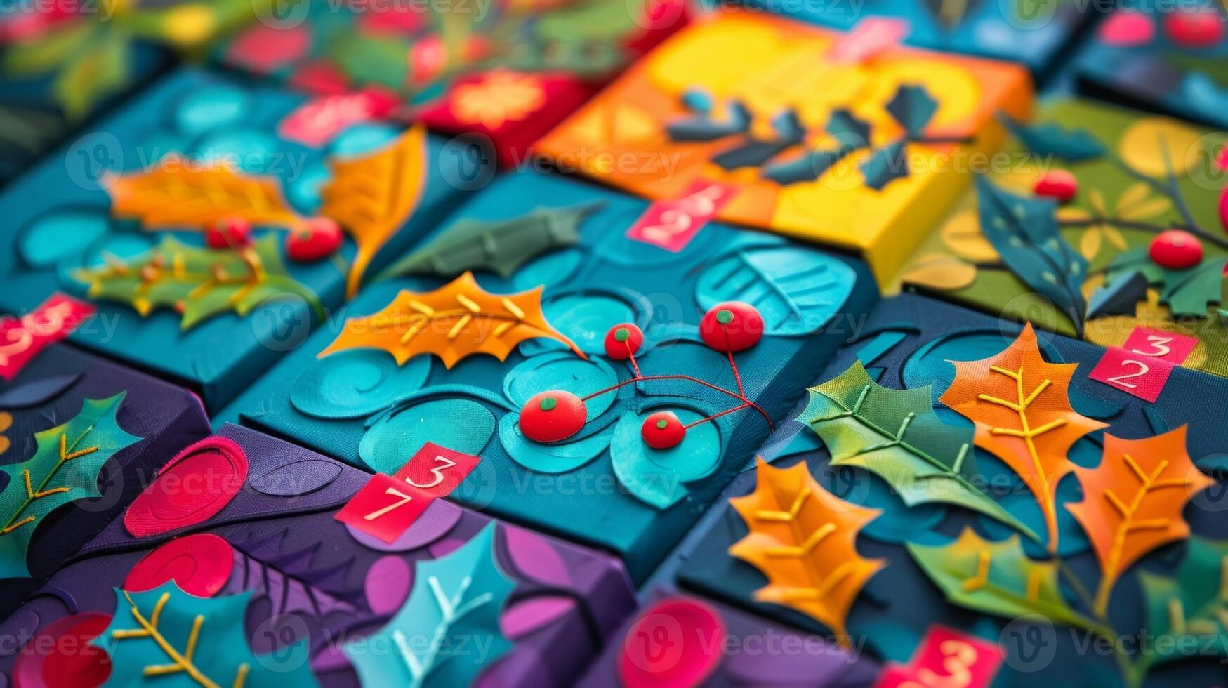A vibrant colorful advent calendar with numbered pockets each one adorned with a festive design of holly leaves and berries photo