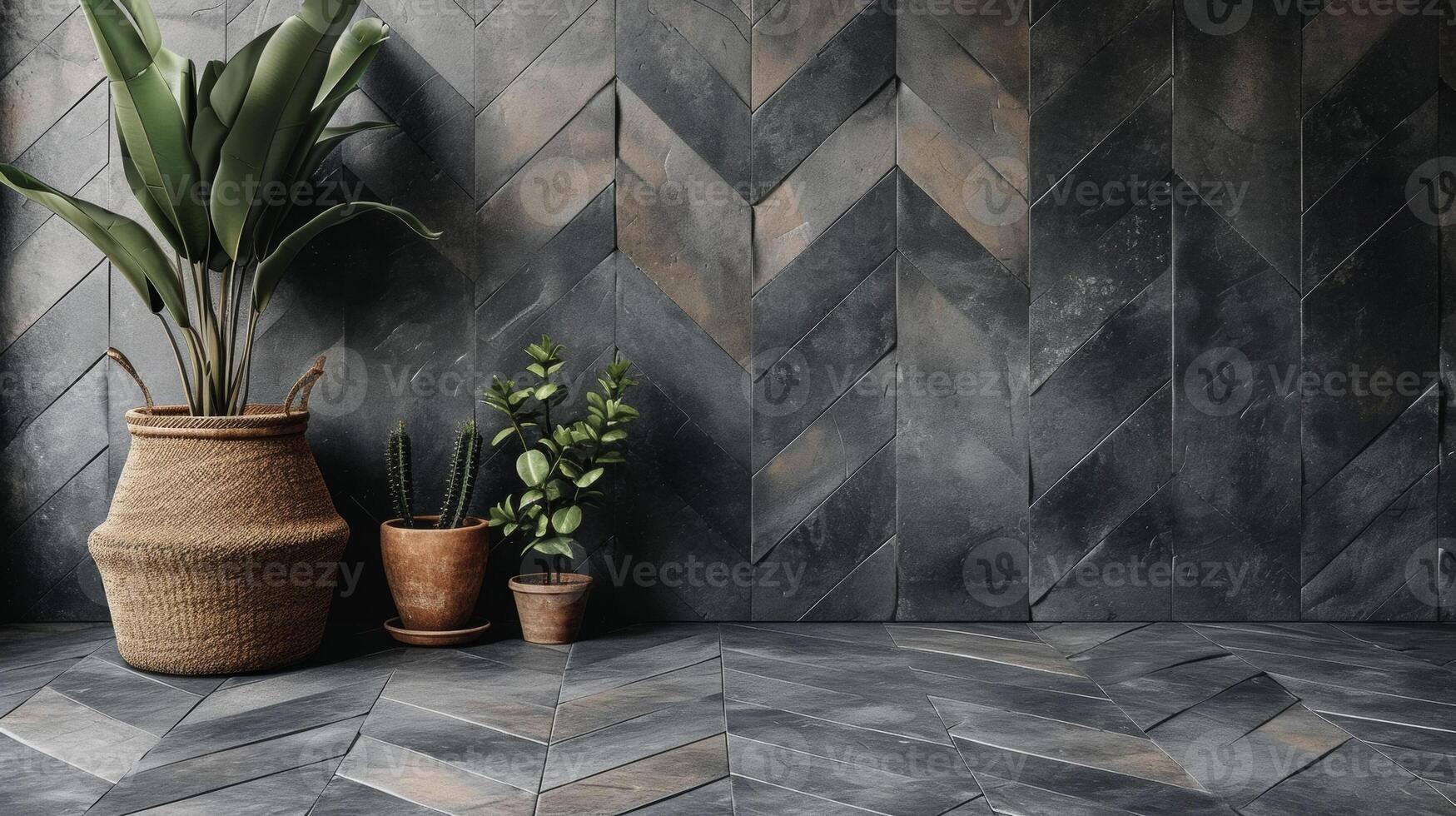 Large concrete flooring tiles in shades of dark gray and cream laid out in a herringbone pattern for an interesting and edgy design photo