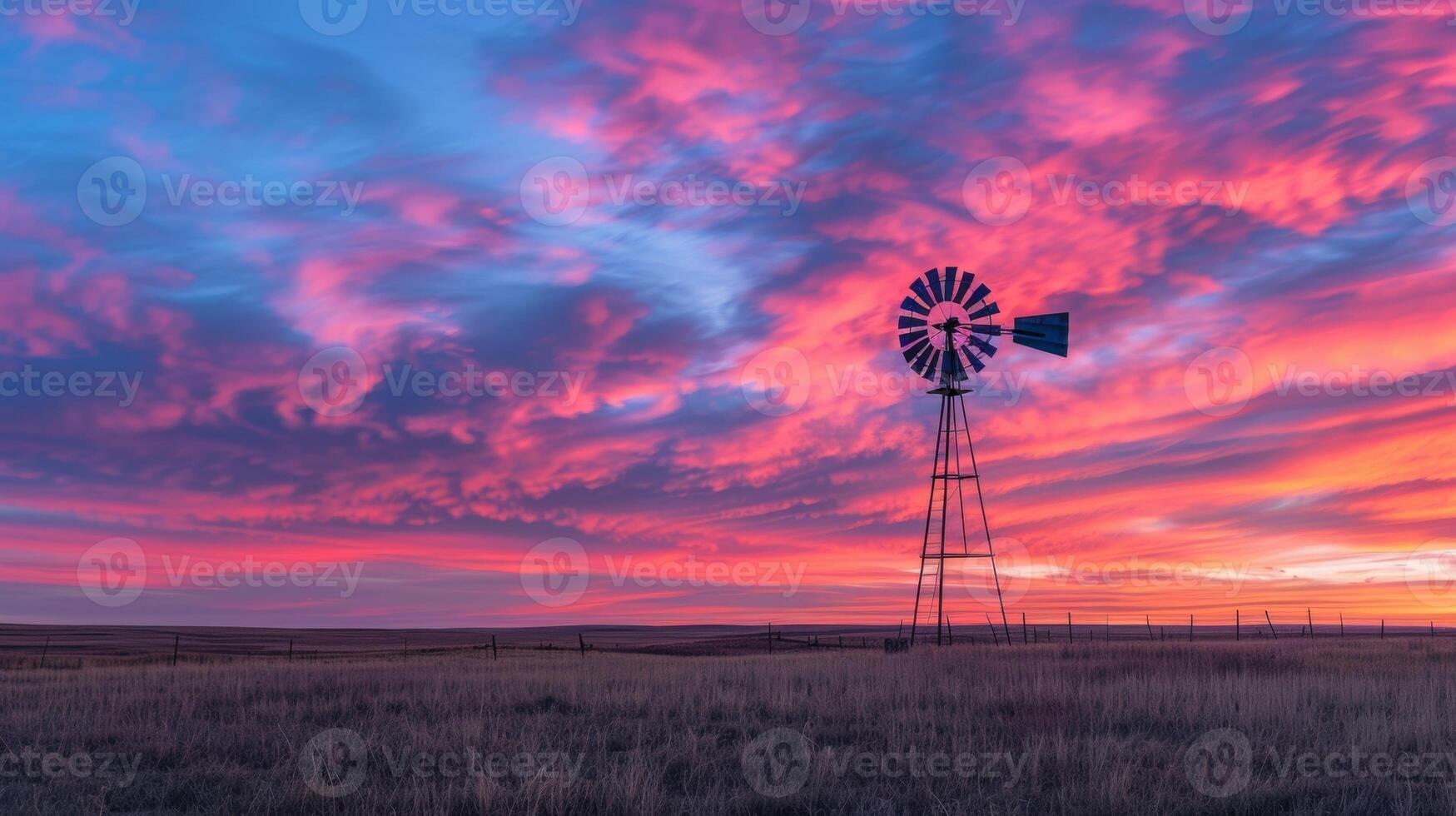 A lone windmill stands tall against the colorful sky symbolizing the hardworking and resilient nature of the ranch photo