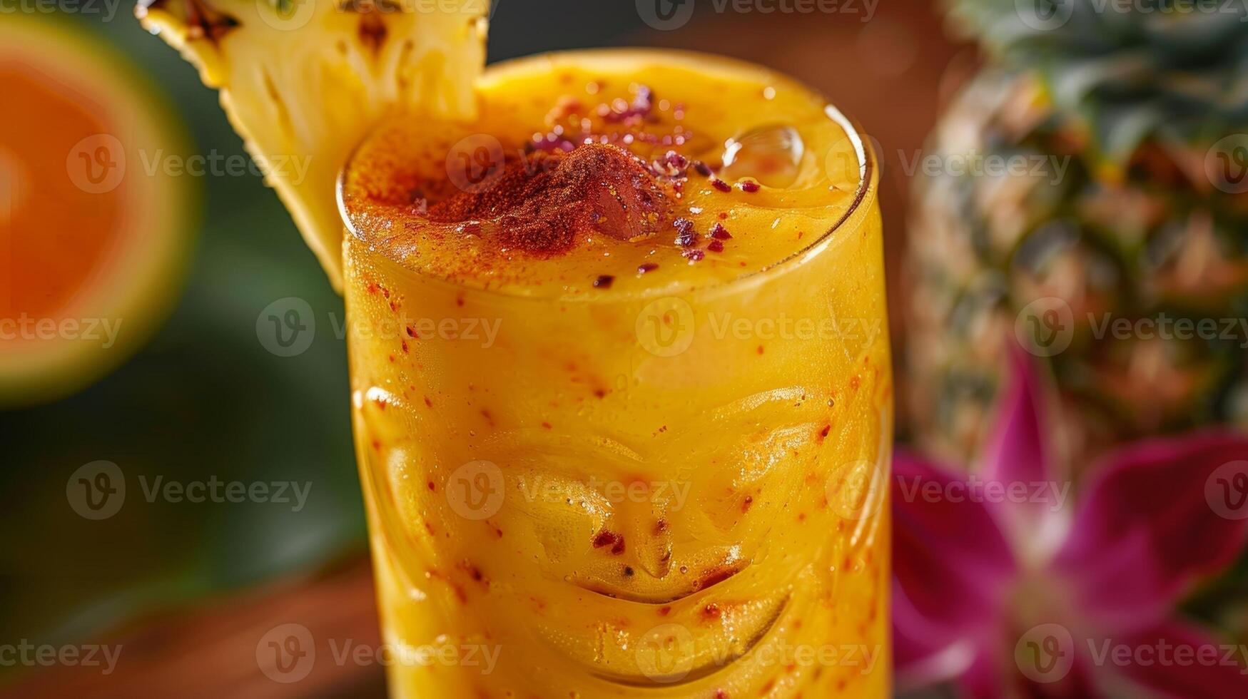 A bright and bold blend of local vodka pineapple juice and a splash of dragonfruit puree served in a tiki glass with a pinch of chili powder on top photo